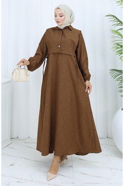 sefamerve Linen Vest Dress Two-Piece Set 2141-03 Brown