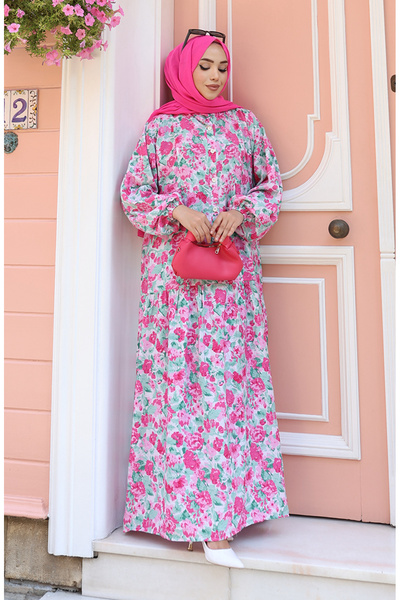 sefamerve Yarım Düğmeli Desenli Elbise 2148-01 Gül Kurusu