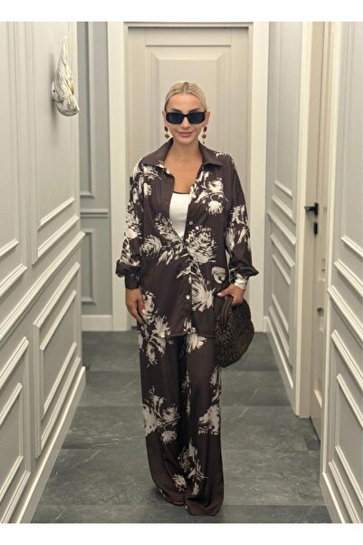 Muna Boutique طقم علوي وسفلي بني اللون مع أزرار وحزام مطاطي