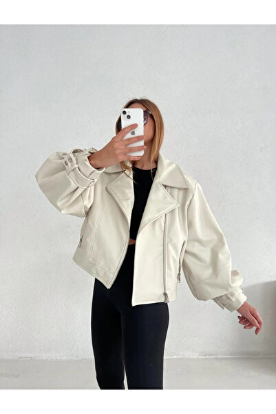 MEECY Куртка-бомбер зі штучної шкіри з широкими рукавами