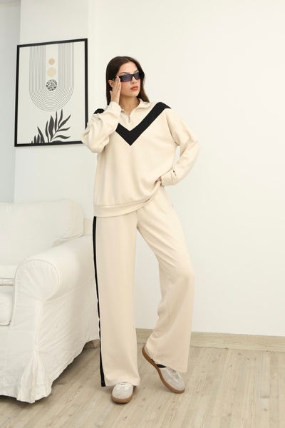 sportiness Garnili Half Zipper Stripe Detailed Modal Fabric Tracksuit Set
