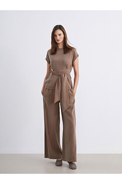 LC Waikiki Beige Elastic Waist Wide Leg Women's Trousers