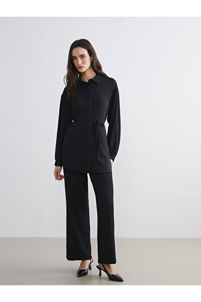 LC Waikiki Black Elastic Waist Textured Wide Leg Women's Trousers