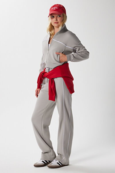 Ritnice Women's Lexi Fleece Lined Striped Gray Bottom Top Tracksuit Set