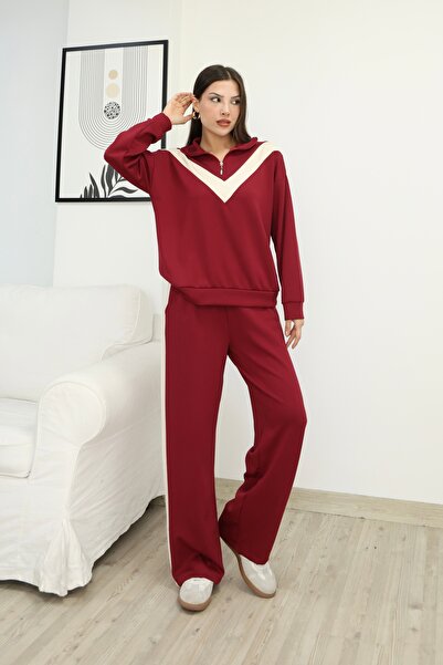 02Lady Fashion Half-Zipper Garnished Stripe Detailed Modal Fabric Tracksuit Set