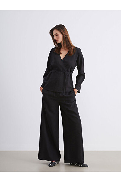 LC Waikiki Soulife Black Elastic Waist Wide Leg Women's Trousers