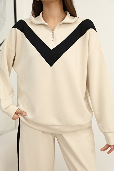 sportiness Garnili Half Zipper Stripe Detailed Modal Fabric Tracksuit Set