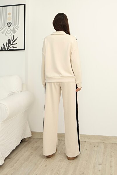 02Lady Fashion Σετ αθλητικής φόρμας από ύφασμα Modal με λεπτομέρεια με ρίγες και μισό φερμουάρ