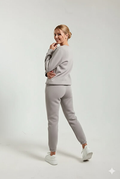 OXVİN Γυναικείο σετ φόρμας με λαιμόκοψη με βαμβακερή επένδυση με τρεις κλωστές Oversize