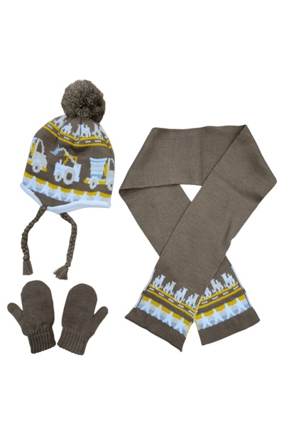 Butik Kahverengi Erkek Çocuk 1-4 Yaş İçi Yünlü Bere, Eldiven ve Atkı Seti – K...