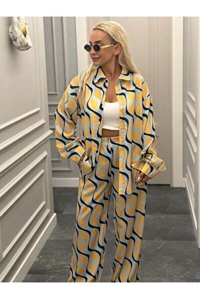 Muna Boutique Shiny Textured Front Buttoned Yellow Top and Bottom Set with El...