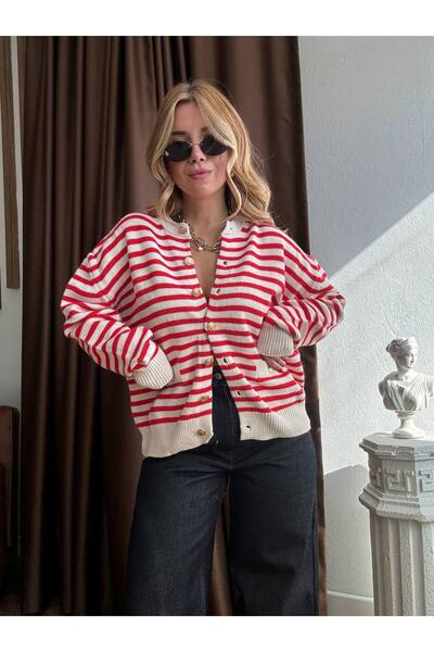 Sachistanbul Red Striped Gold Buttoned Cardigan