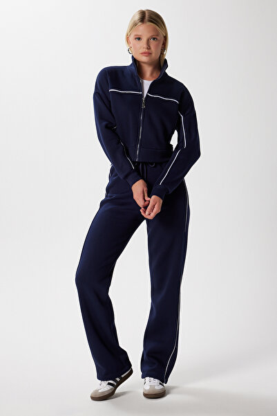 Ritnice Women's Lexi Fleece Lined Striped Navy Blue Top and Bottom Tracksuit Set