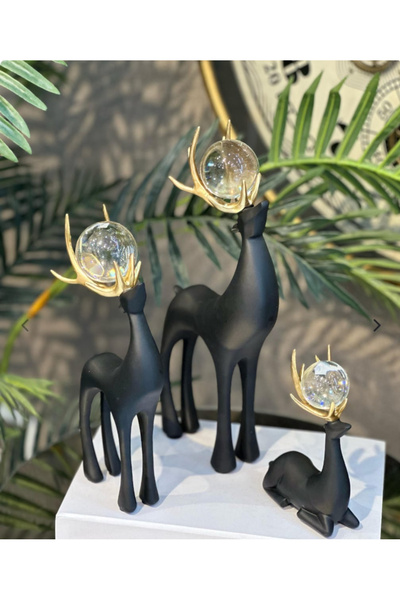 sahane & bazaar 3’LÜ KRİSTAL KÜRELİ SİYAH RENK GEYİK AKSESUAR & DEKOR OBJE