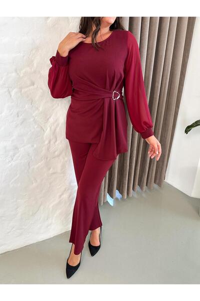 Butik Nilyam Women's Plus Size Chiffon Sleeve Crew Neck Brooch Evening Dress Suit 24916