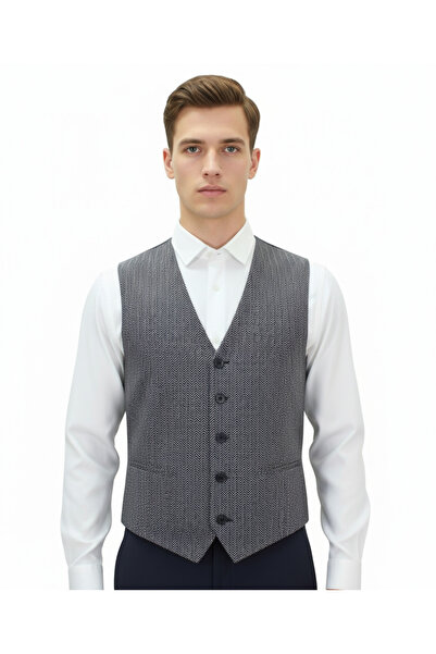 MENTOR REGALO Men's V-Neck Vest Gray Fish Scale Pattern Regular Fit