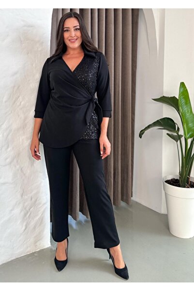 Butik Nilyam Women's Plus Size Double Breasted Lapel One Direction Sequin Detail Three Quarter Sleeve Evening Dress Suit 24717
