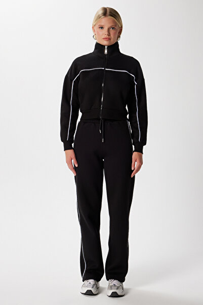 Ritnice Women's Lexi Black Tracksuit Set with Fleece Lining and Stripes Inside