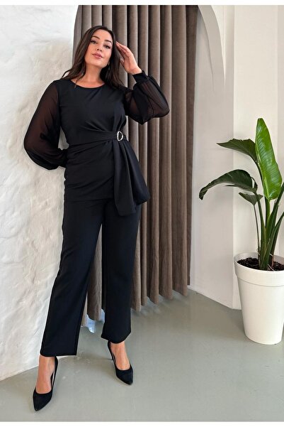 Butik Nilyam Γυναικείο βραδινό κοστούμι με μανίκια από σιφόν με λαιμόκοψη και καρφίτσα 24916