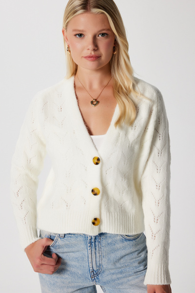 Ritnice Women's Estelle Openwork/Perforated Ecru Knit Cardigan