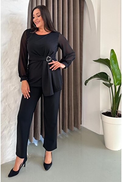 Butik Nilyam Women's Plus Size Chiffon Sleeve Crew Neck Brooch Blouse Pants Set 24917