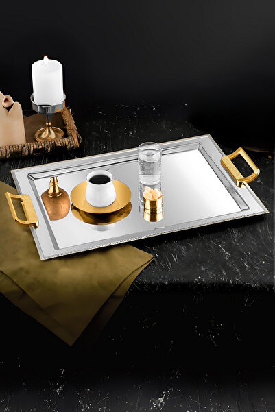 ÖzSa Home Mios 18/10 Stainless Steel Presentation Tray with Handles Promise Engagement Service Tea Tray
