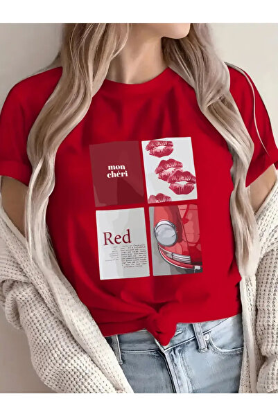 l'eivor Mon Cheri Red Printed Women's Cotton T-Shirt