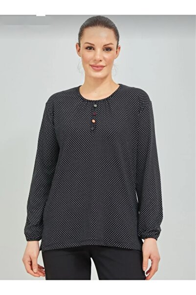 Genel Markalar Kadın giyim siyah kolu lastikli puantiyeli likralı pamuklu kum...