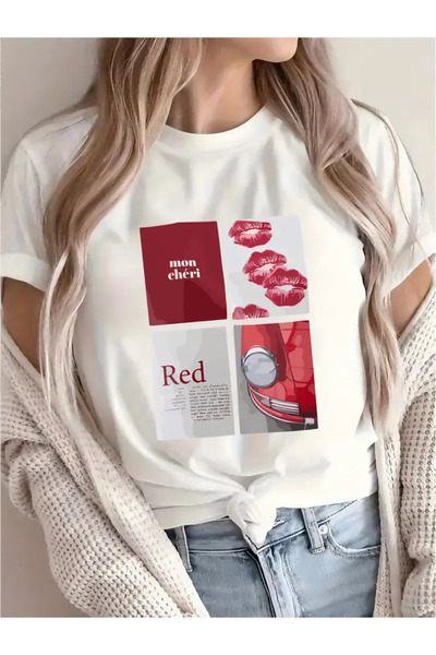 l'eivor Tricou din bumbac pentru femei cu imprimeu roșu Mon Cheri