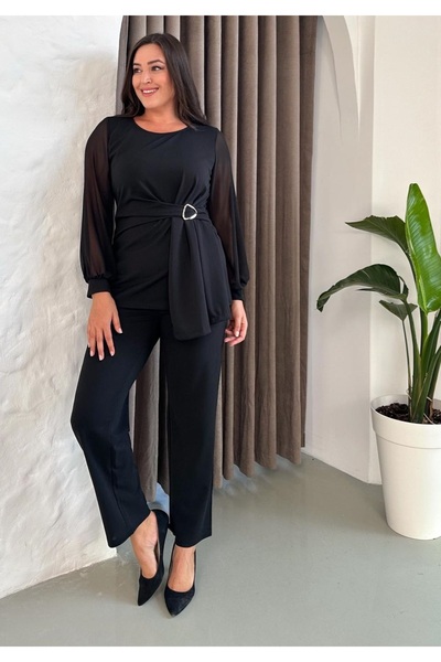 Butik Nilyam Γυναικείο Σετ Παντελόνι με Μπλούζα με Μανίκια από Σιφόν και Καρφίτσα 24917