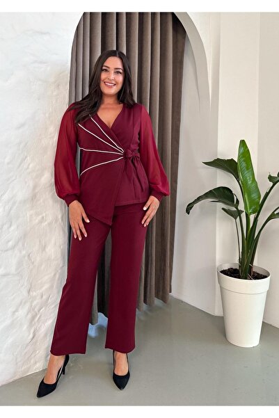 Butik Nilyam Women's Plus Size Double Breasted Collar Chiffon Sleeve Stone Stripe Detail Suit Evening Dress 24920