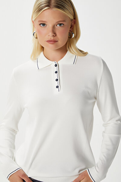 Ritnice Women's Fiona Viscose Polo Neck Striped Ecru Knitwear Sweater