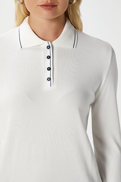 Ritnice Women's Fiona Viscose Polo Neck Striped Ecru Knitwear Sweater