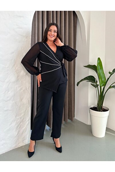 Butik Nilyam Γυναικείο Σετ Βραδινό Φόρεμα Μεγάλο Μέγεθος διπλό πέτο Πέτο Σιφόν Μανίκια Πέτρα ριγέ 24921