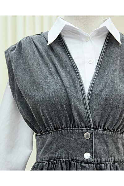 Modamorfo Τζιν με κουμπιά στο μήκος και λαιμόκοψη σε σχήμα V - Καπνιστό