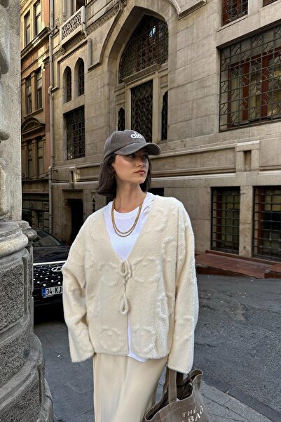 Vaveyla Ecru Women's V-Neck Lace-Up Knit Cardigan