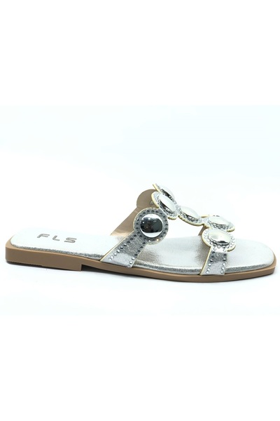 KOCAMANLAR Feles Thin Sole Stone Detailed Women's Slippers Silver