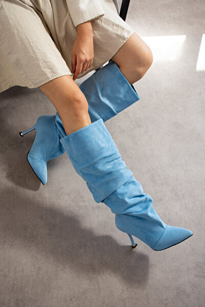 irmona VENEDİK MAVİ DANA SÜET EKSTRA GENİŞ KONÇ KÖRÜKLÜ İNCE ÖKÇE ÇİZME