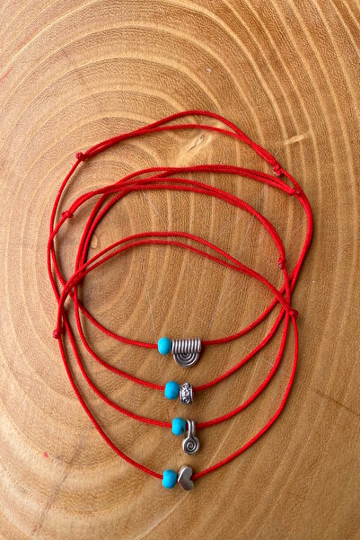 Shepidi 4'lü gümüş figürlü mavi boncuk kırmızı ip şans bilekliği