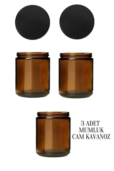 Tanemce 3 Adet 210 ml Cam Kavanoz Amber Mumluk 210 Cc Metal Siyah Kapaklı Mum...