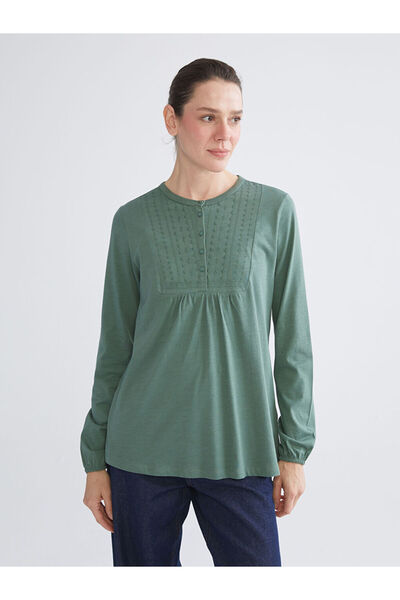 LC Waikiki Green Crew Neck Embroidered Blouse
