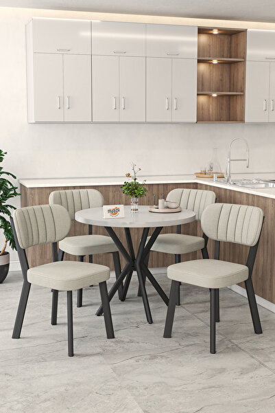 Mygusi Gnr 90cm Sabit Beyaz Mutfak Masası Takımı, Yemek Masası, 4 Modern Krem...