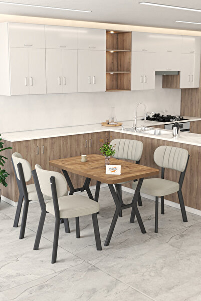 Mygusi Gnr 70x110cm Sabit Atlantik Mutfak Masası Takımı, Yemek Masası, 4 Modern Krem Sandalye