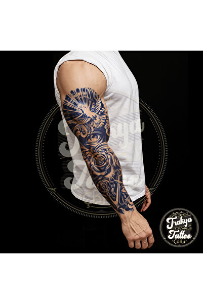 Trakya Tattoo Yarı Kalıcı Dövme Geçici Tam Kol Gül Güvercin Göz Dövme