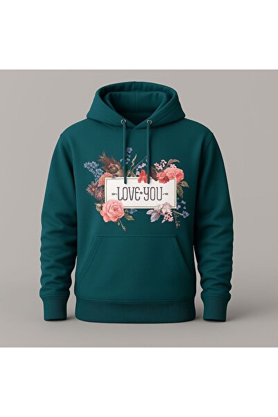 MELOOX Суитшърт с качулка и флорален принт „Love You“ – унисекс мода за ежедневието