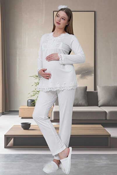 Viselya طقم بيجامة للحوامل من الدانتيل الأبيض