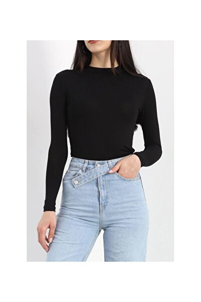 formenza Kadın Siyah %100 VİSKON Parmak Detaylı Uzun Kollu Body