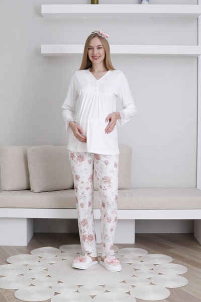 Lohussa Women's Ecru Special Design Buttoned Patterned Lace Long Sleeve Cotton Maternity Pajama Set