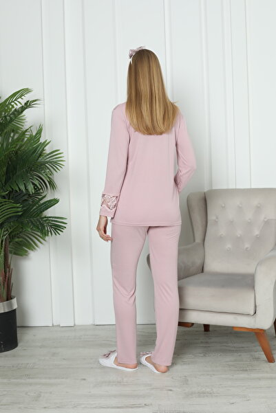 Lohussa Kadın Pudra Özel Tasarım Düğmeli Dantelli Uzun Kol Pamuk Hamile Lohusa Pijama Takımı
