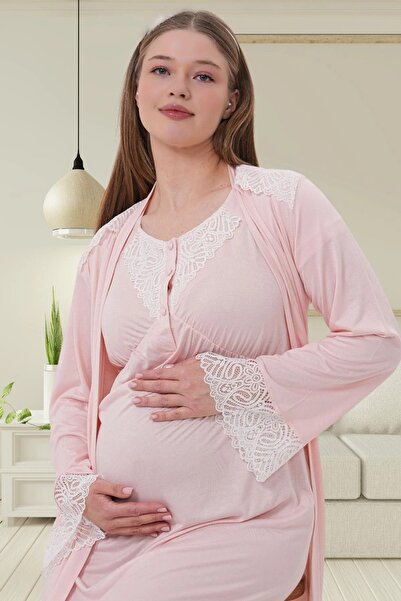 Viselya Set de dantelă piese pentru maternitate roz, halat și cămașă de noapte